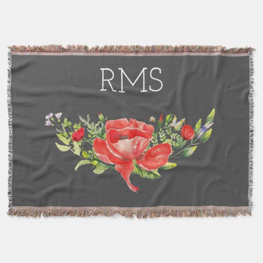 Red Poppy op grijs  monogram Deken (Voorkant)