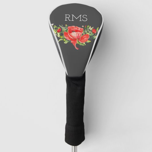 Red Poppy op grijs  monogram Golfheadcover (Voorkant)