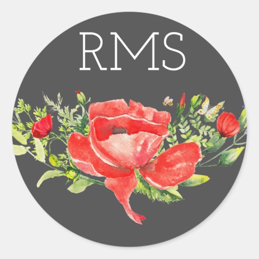 Red Poppy op grijs  monogram Ronde Sticker (Voorkant)
