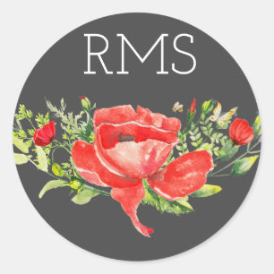Red Poppy op grijs monogram Ronde Sticker