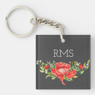 Red Poppy op grijs  monogram Sleutelhanger