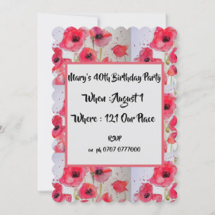 Red Poppy Poppies Floral 40th Birthday Invitation Kaart