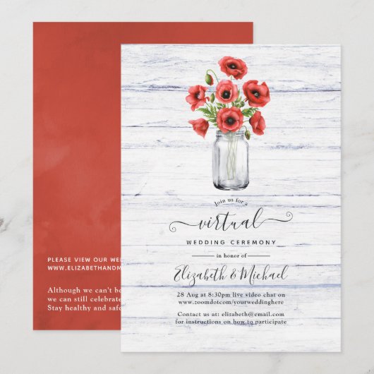 Red Poppy Rustic Country Online Virtual Wedding Kaart (Voorkant / Achterkant)