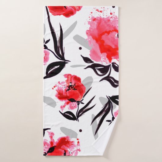 Red Poppy sur un arrière - plan blanc à rayures gr (Serviette de bain)