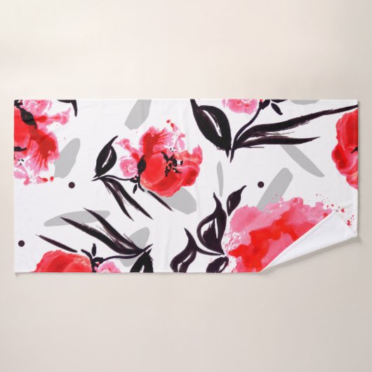 Red Poppy sur un arrière - plan blanc à rayures gr (Serviette de bain)