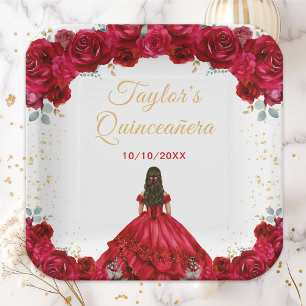 Red Princess Floral Quinceañera Papieren Bordje