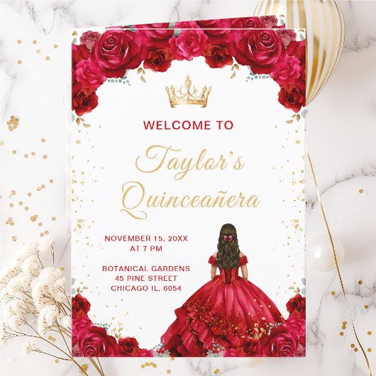 Red Princess Floral Quinceañera Programme