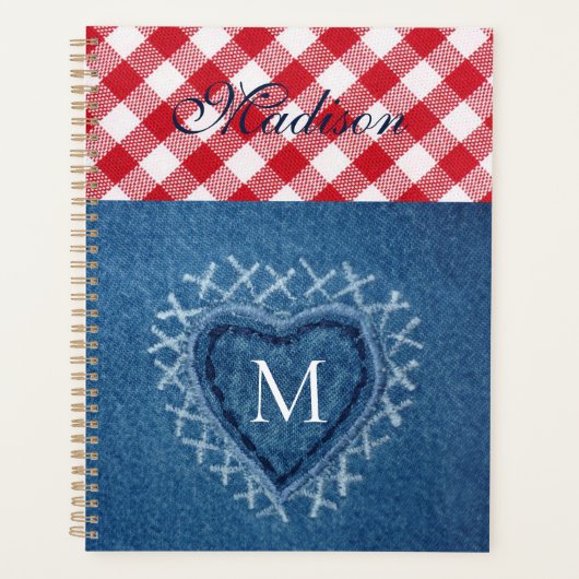 Red Pset Buffalo Check Denim Heart Monogram Planner (Voorkant)