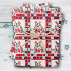 Red Pset Bulldog Dog Photo Merry Kerstry Inpakpapier Vel