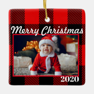 Red Pset kerstfoto 2 Sides Modern Keramisch Ornament