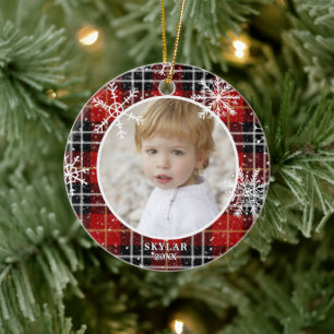 Red Pset Snowflake Fotonaam Jaar Keramisch Ornament