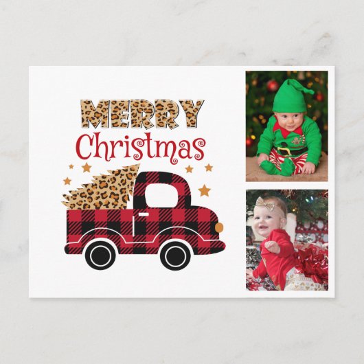 Red Pset Truck Merry Kerstmis Kinder Familie Foto Feestdagenkaart (Voorkant)