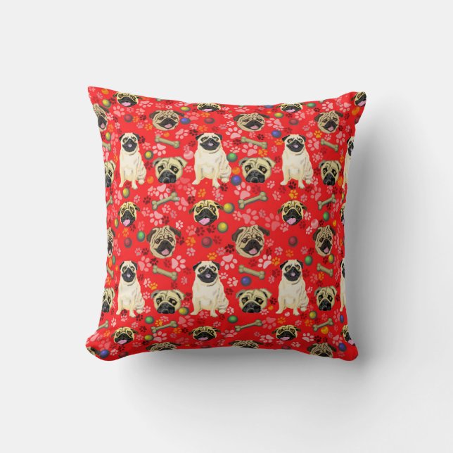 Red Pug Print Cushion Kussen (Voorkant)