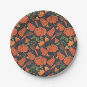 Red pumpkin seamless pattern and carrots papieren bordje