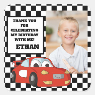 Red Race Car Birthday Party Foto bedankt Vierkante Sticker