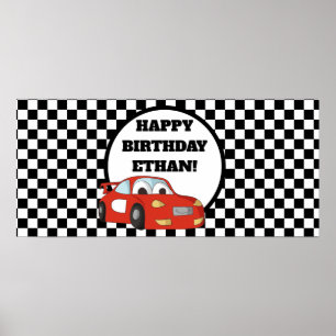 Red Race Car Black White Birthday Party Banner Poster