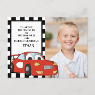 Red Race Car Black White Birthday Photo Thank You Briefkaart