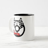 Red Race Car en Flags Tweekleurige Koffiemok (Voorkant links)