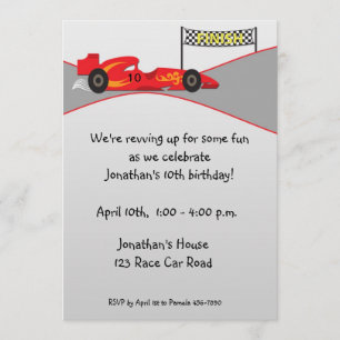 Red Race Car, Finish Line, Birthday Invitation Kaart