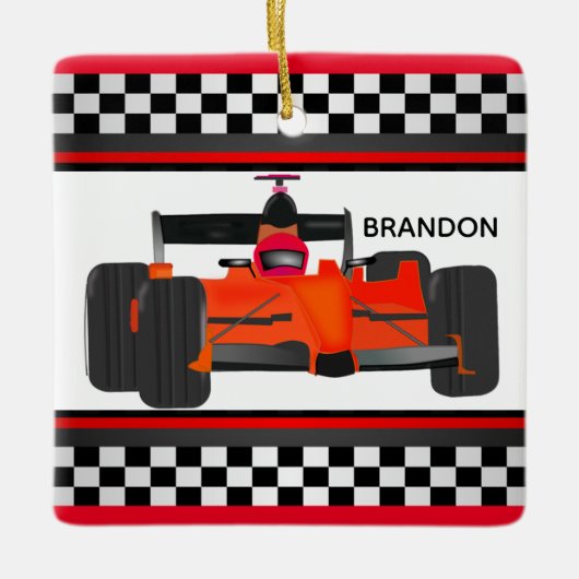Red Racing Car Checkered Design Square Ornament (Voorkant)