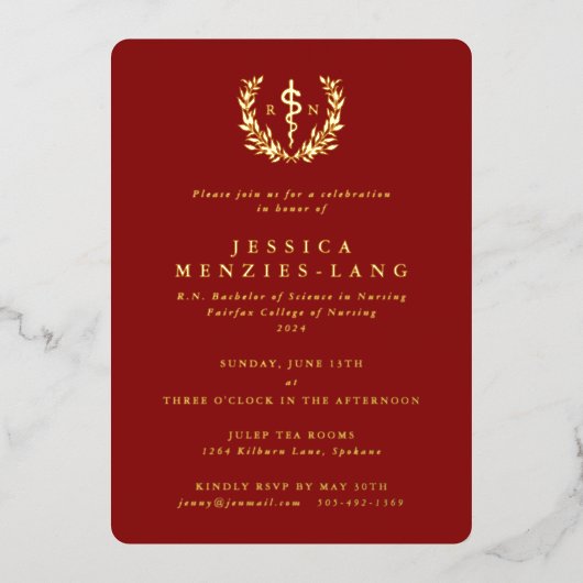 Red Registered Nurse Asclepius+Laurel Wreate Folie Uitnodiging (Voorkant)