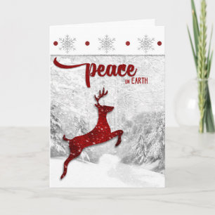 Red Reineer Woodland Snowscape Peace on Earth Feestdagen Kaart