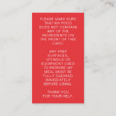Red Restaurant Food Allergy Alert Kaart Contactkaartje (Achterkant)