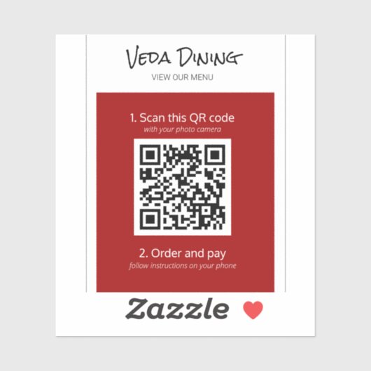Red Restaurant Menu Scan Order QR Code Sticker (Vel)