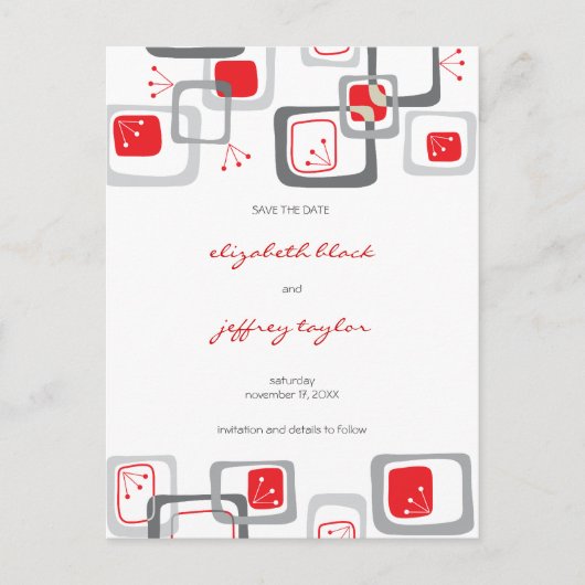 Red Retro Cherry Squares Mod Art Bewaar de datum Aankondigingskaart (Voorkant)