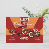 Red retro classic car baby shower kaart (Staand voorkant)