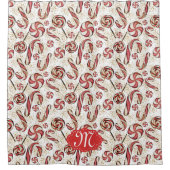 Red Retro Festive Candy Cane Pattern Monogram Show Douchegordijn (Voorkant)