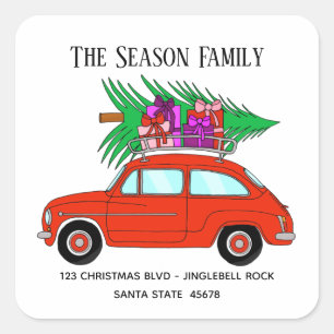 Red Retro Fiat 500 met kerstcadeaus Vierkante Sticker