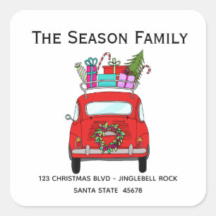 Red Retro Fiat 500 met kerstcadeaus Vierkante Sticker