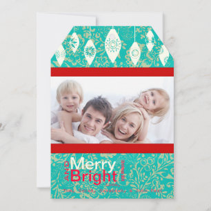 Red Retro Merry en Bright Family Photo Card Feestdagenkaart