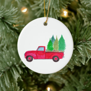 Red retro Pickup Truck with trees Keramisch Ornament