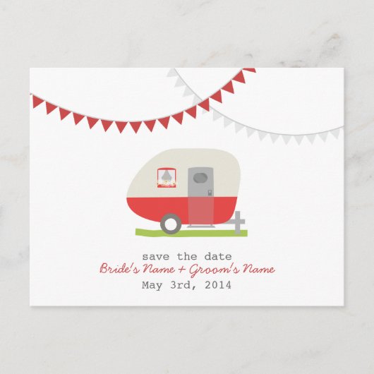 Red Retro Trailer Wedding Save The Date Briefkaart (Voorkant)