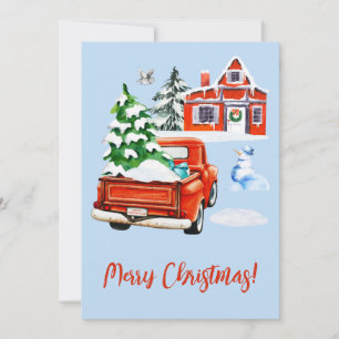Red Retro Truck met kerstboom House Snowman Feestdagenkaart