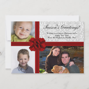 Red Ribbon Bow, 3-Photo Holiday Greeting Card Feestdagenkaart