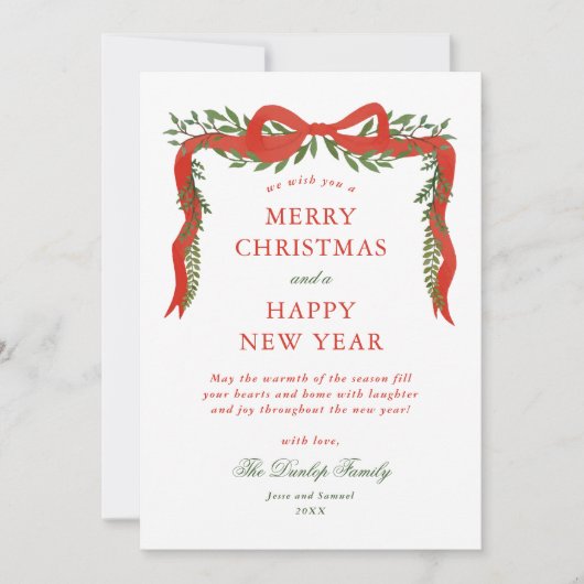 Red Ribbon Bow Greenery Foto Kerstmis Feestdagenkaart (Voorkant)