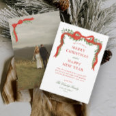 Red Ribbon Bow Greenery Foto Kerstmis Feestdagenkaart