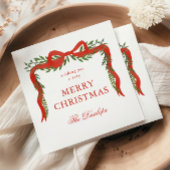 Red Ribbon Bow Greenery Kerstfeest Servet