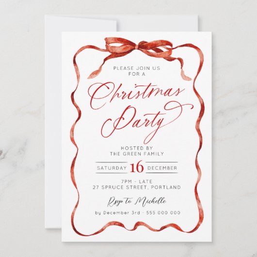 Red Ribbon Christmas Party Invitation (Devant)