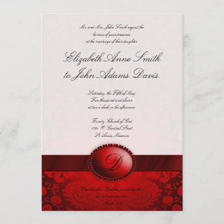 Red Ribbon Damask Wedding Uitnodiging