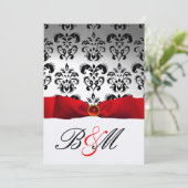 RED RIBBON GOLD BLACK DAMASK MONOGRAM KAART (Staand voorkant)