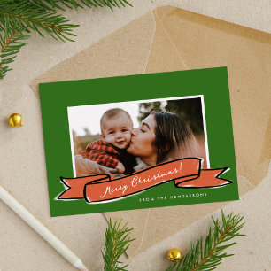 Red Ribbon Green Christmas Photo Flat Holiday Kaar Feestdagenkaart