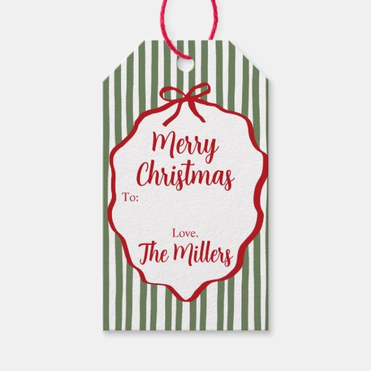Red Ribbon Green Stripe Custom Christmas Cadeaulabel (Voorkant)