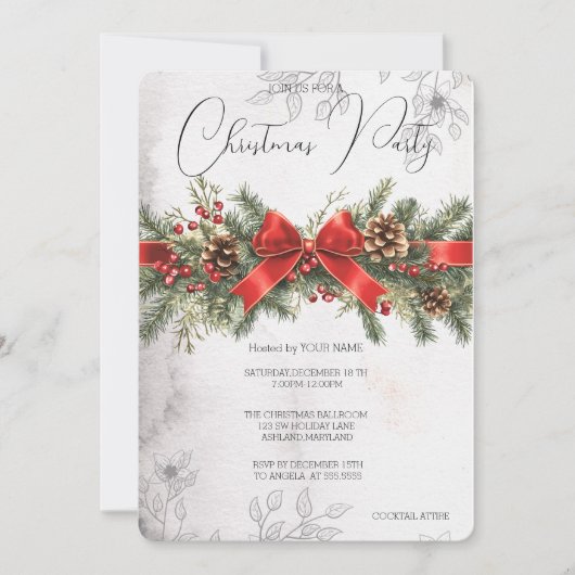 Red Ribbon Pinecone Pine Tree Holly Berry Party Kaart (Voorkant)