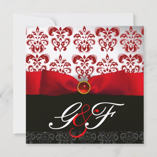 RED RIBBON RUBY GOLD BLACK DAMASK MONOGRAM KAART (Voorkant)