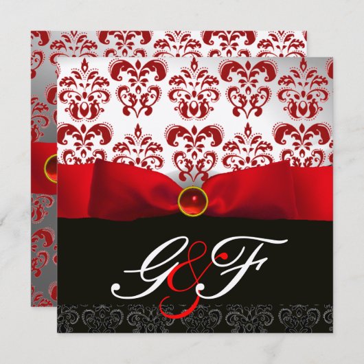RED RIBBON RUBY GOLD BLACK DAMASK MONOGRAM KAART (Voorkant / Achterkant)