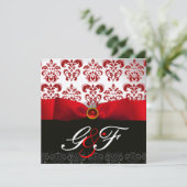 RED RIBBON RUBY GOLD BLACK DAMASK MONOGRAM KAART (Staand voorkant)